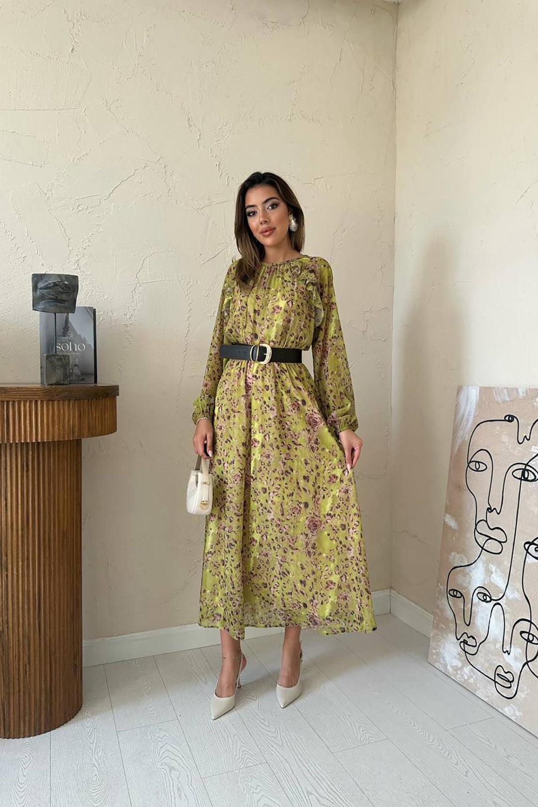 ELS Toptan Yeşil Fırfırlı Şifon Elbise - Jelgava