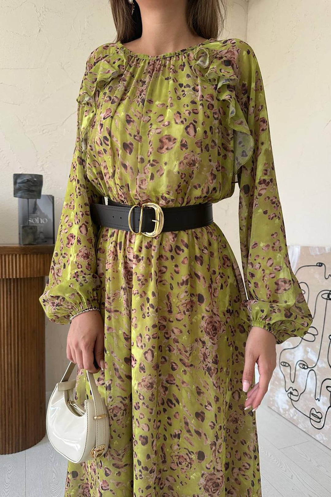 ELS Toptan Yeşil Fırfırlı Şifon Elbise - Jelgava