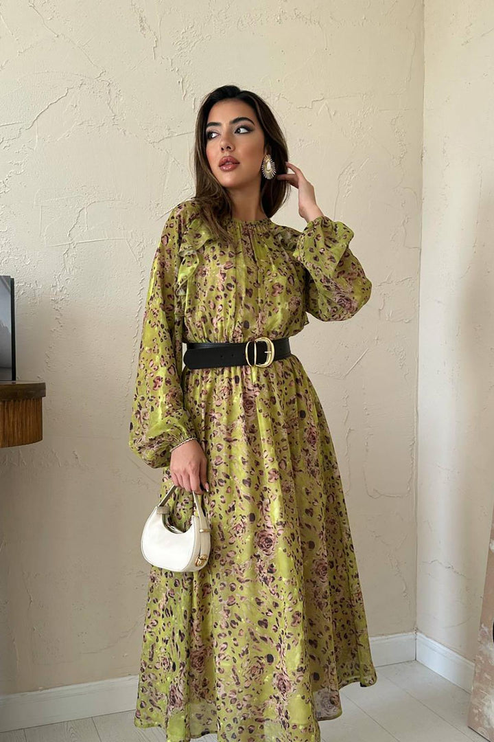 ELS Toptan Yeşil Fırfırlı Şifon Elbise - Jelgava