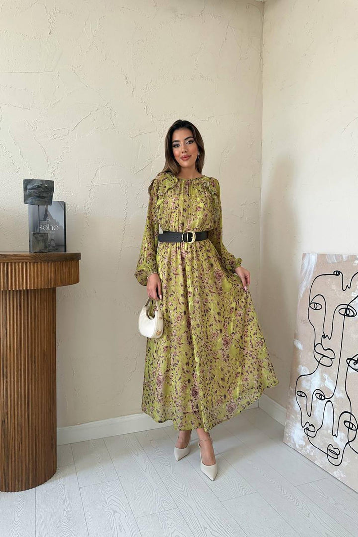 ELS Toptan Yeşil Fırfırlı Şifon Elbise - Jelgava