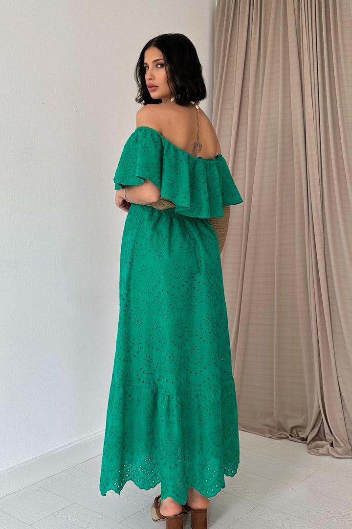 ELS Wholesale Green Off-Shoulder Elasticated Embroidered Dress - Amora