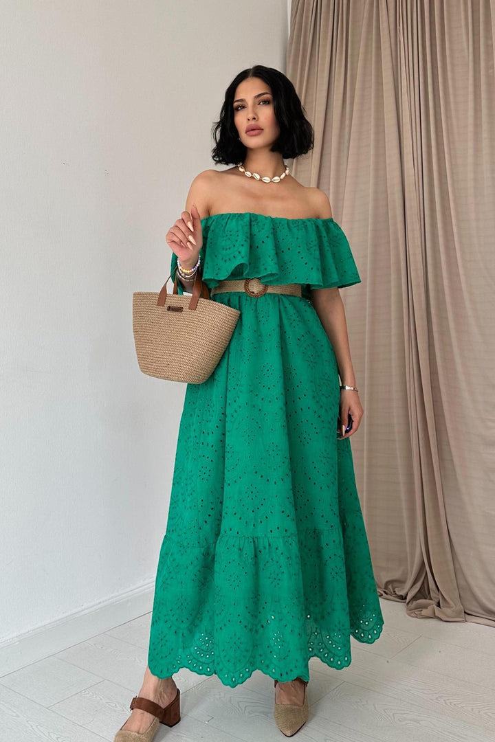 ELS Wholesale Green Off-Shoulder Elasticated Embroidered Dress - Amora