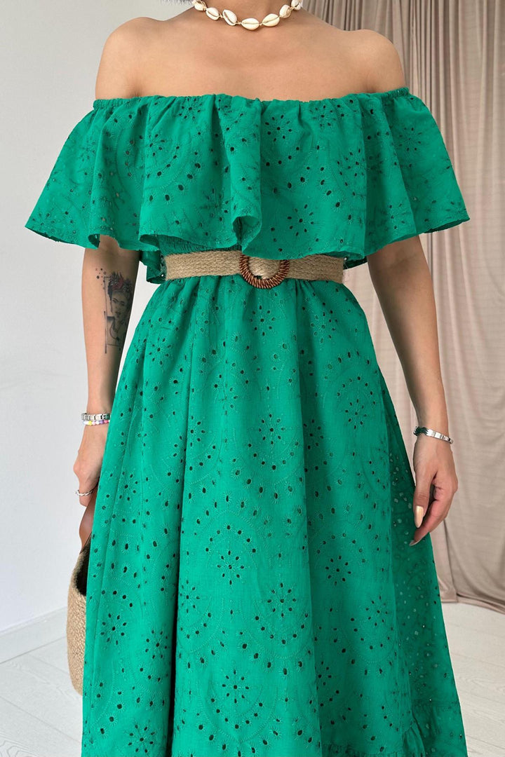 ELS Wholesale Green Off-Shoulder Elasticated Embroidered Dress - Amora