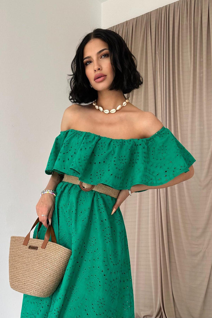 ELS Wholesale Green Off-Shoulder Elasticated Embroidered Dress - Amora