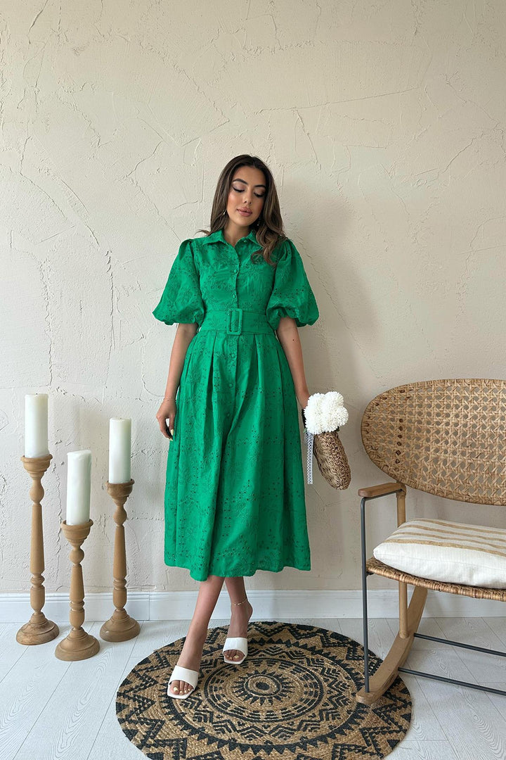 ELS Toptan Yeşil Pileli Balon Kol Elbise - Sesimbra