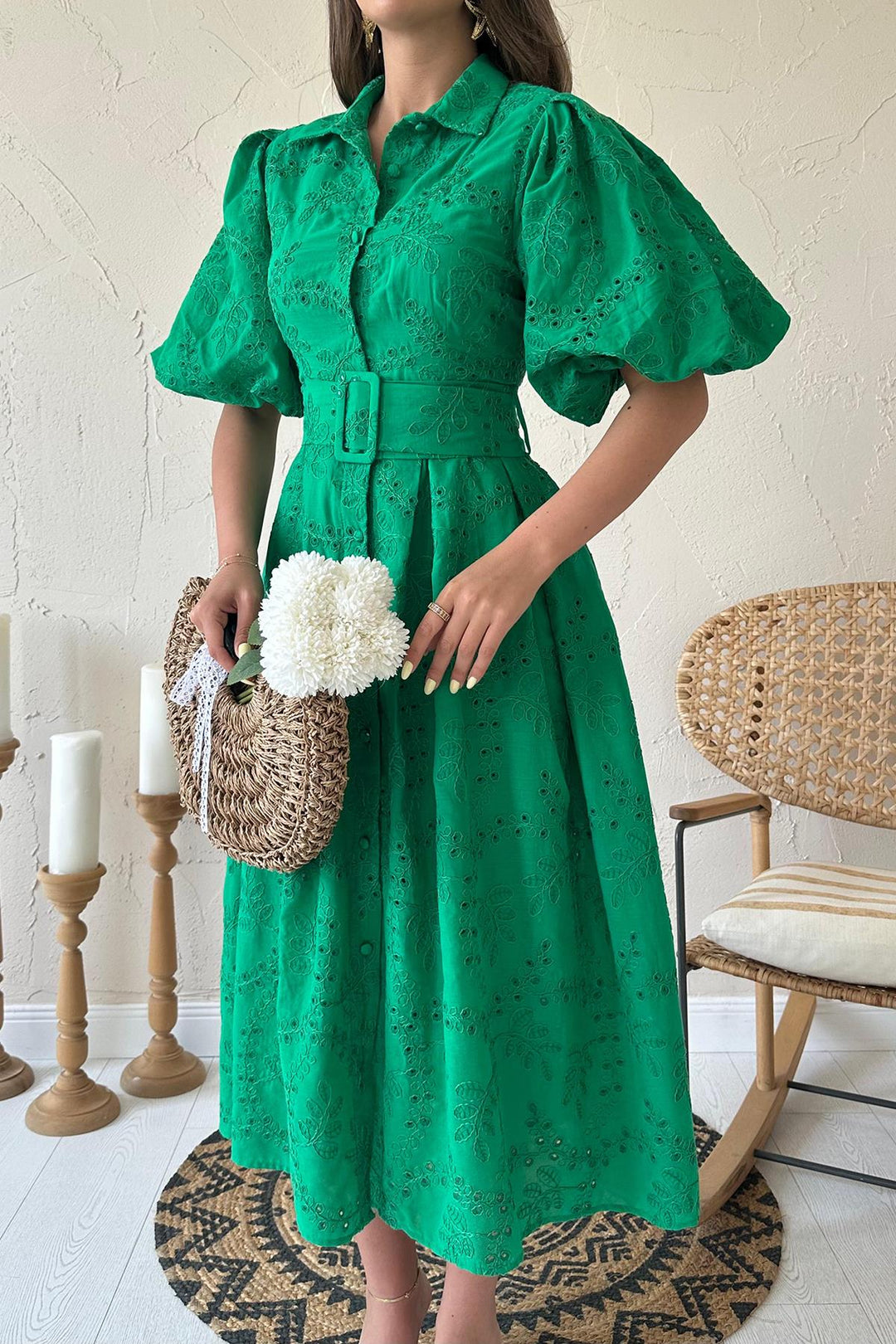 ELS Toptan Yeşil Pileli Balon Kol Elbise - Sesimbra