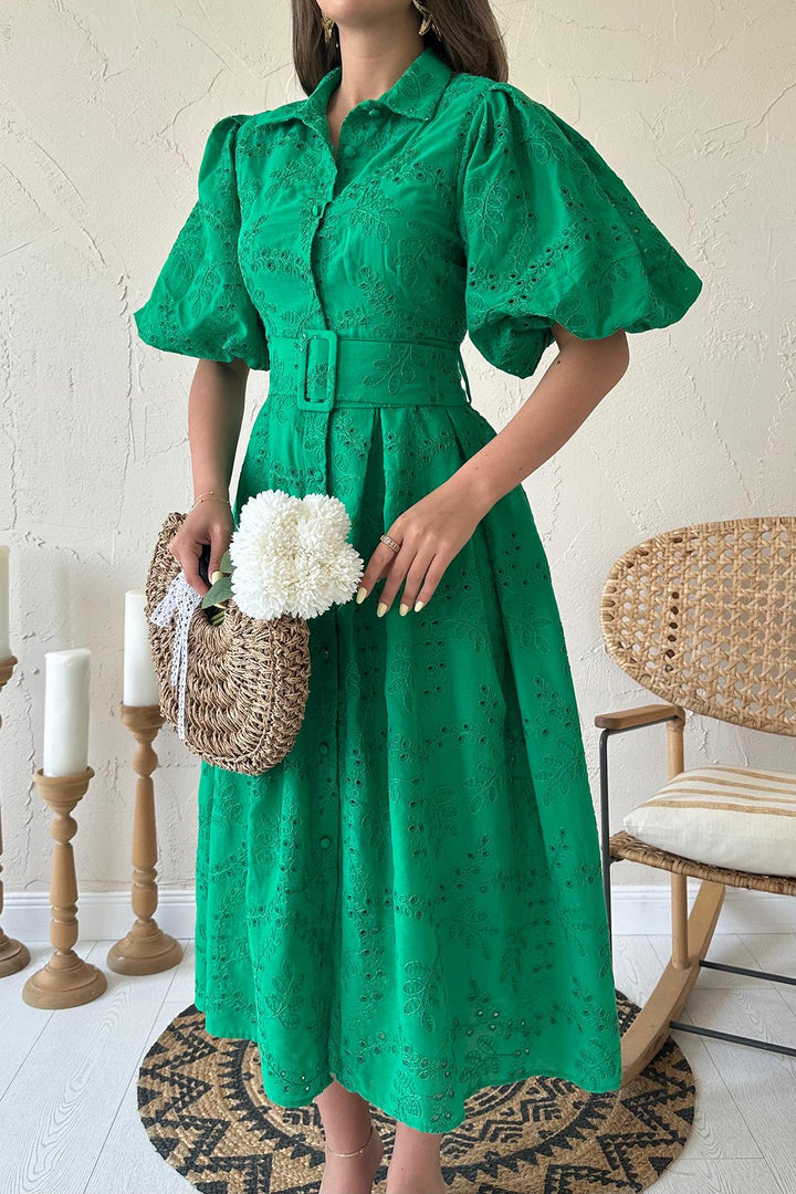 ELS Toptan Yeşil Pileli Balon Kol Elbise - Sesimbra