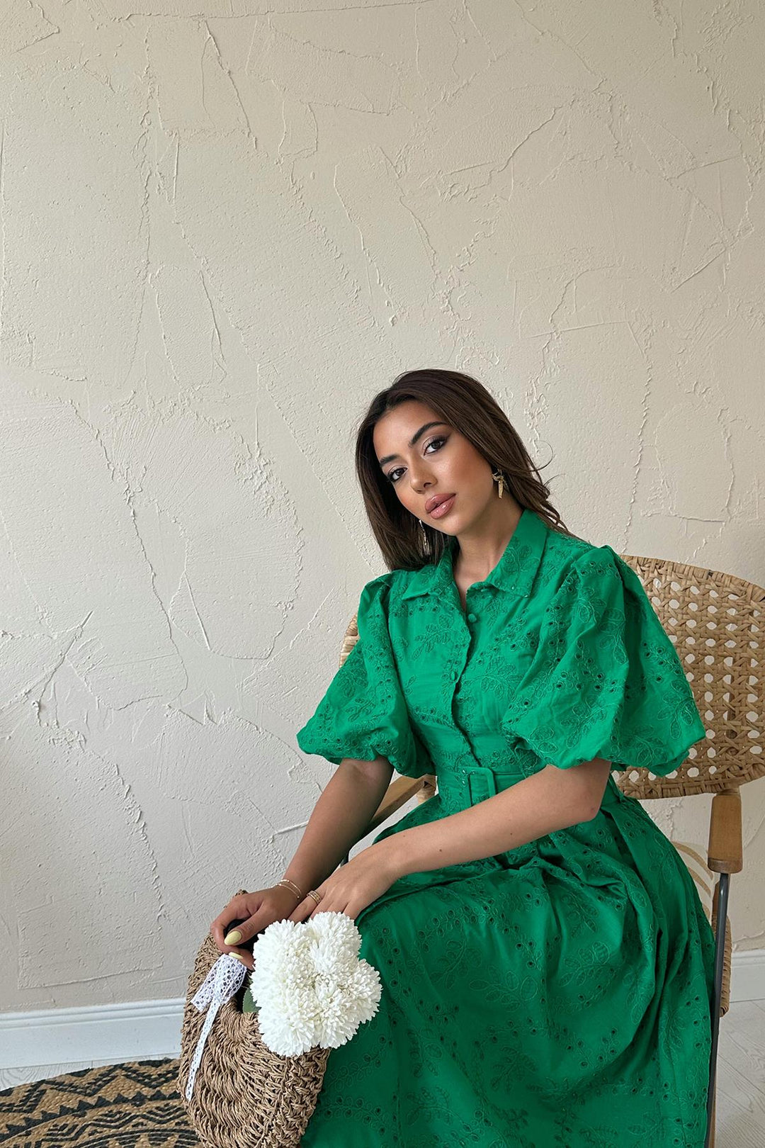 ELS Toptan Yeşil Pileli Balon Kol Elbise - Sesimbra