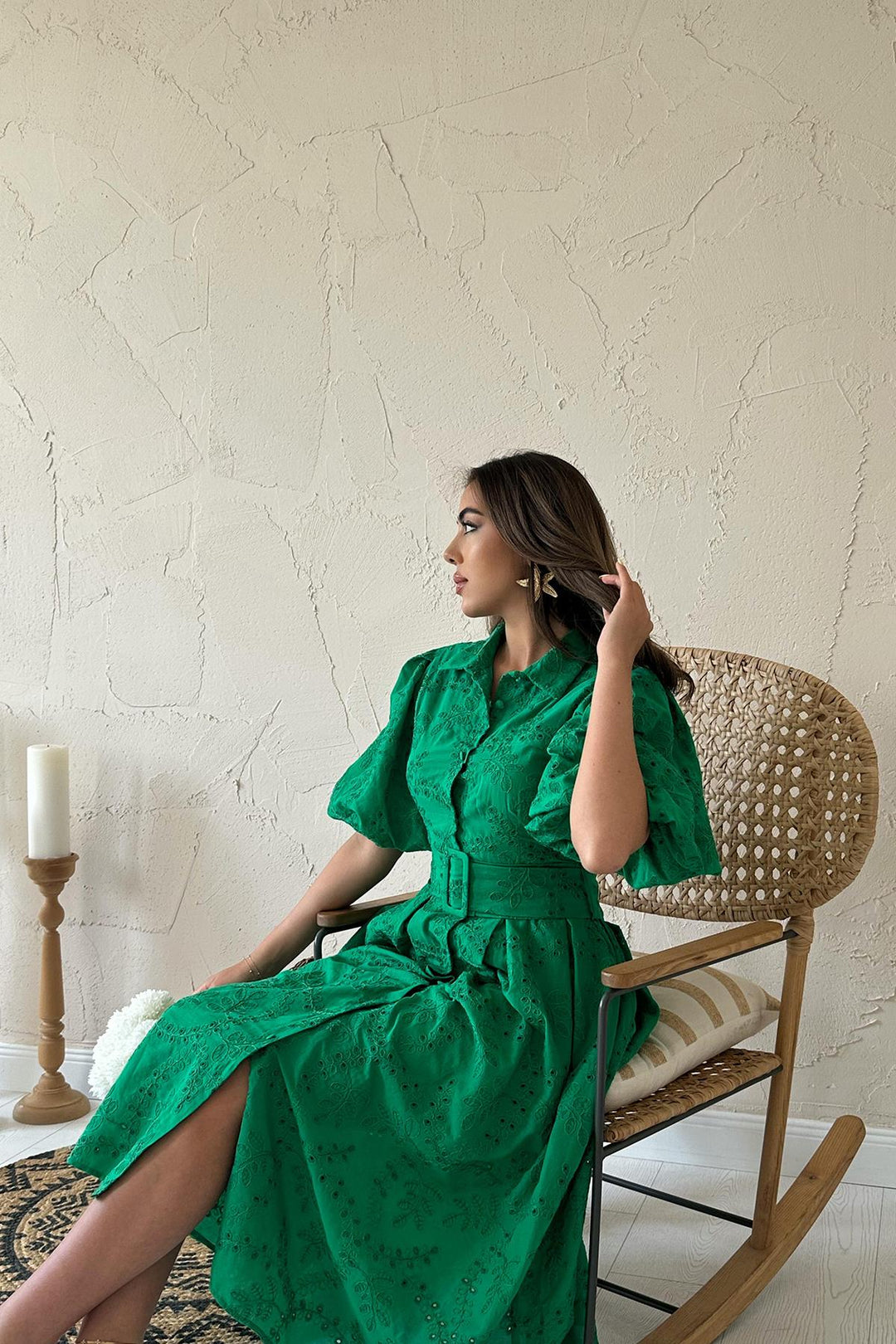 ELS Toptan Yeşil Pileli Balon Kol Elbise - Sesimbra