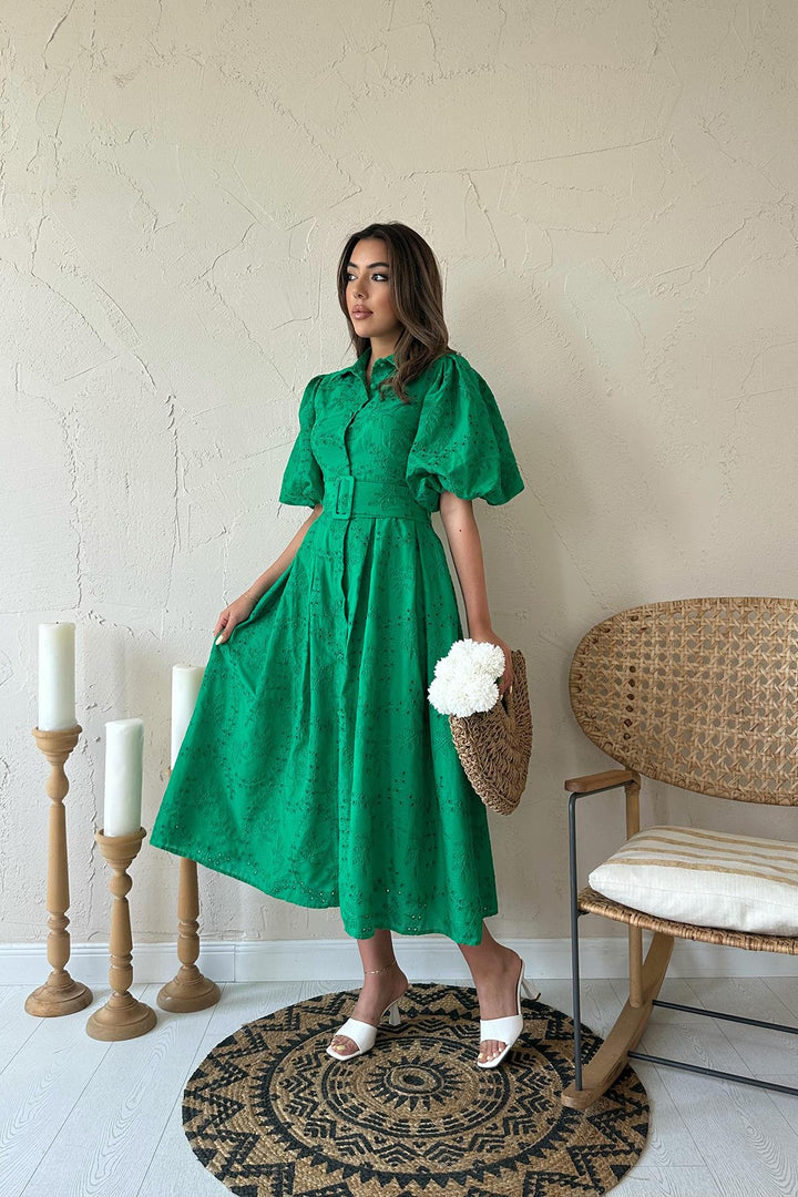 ELS Toptan Yeşil Pileli Balon Kol Elbise - Sesimbra