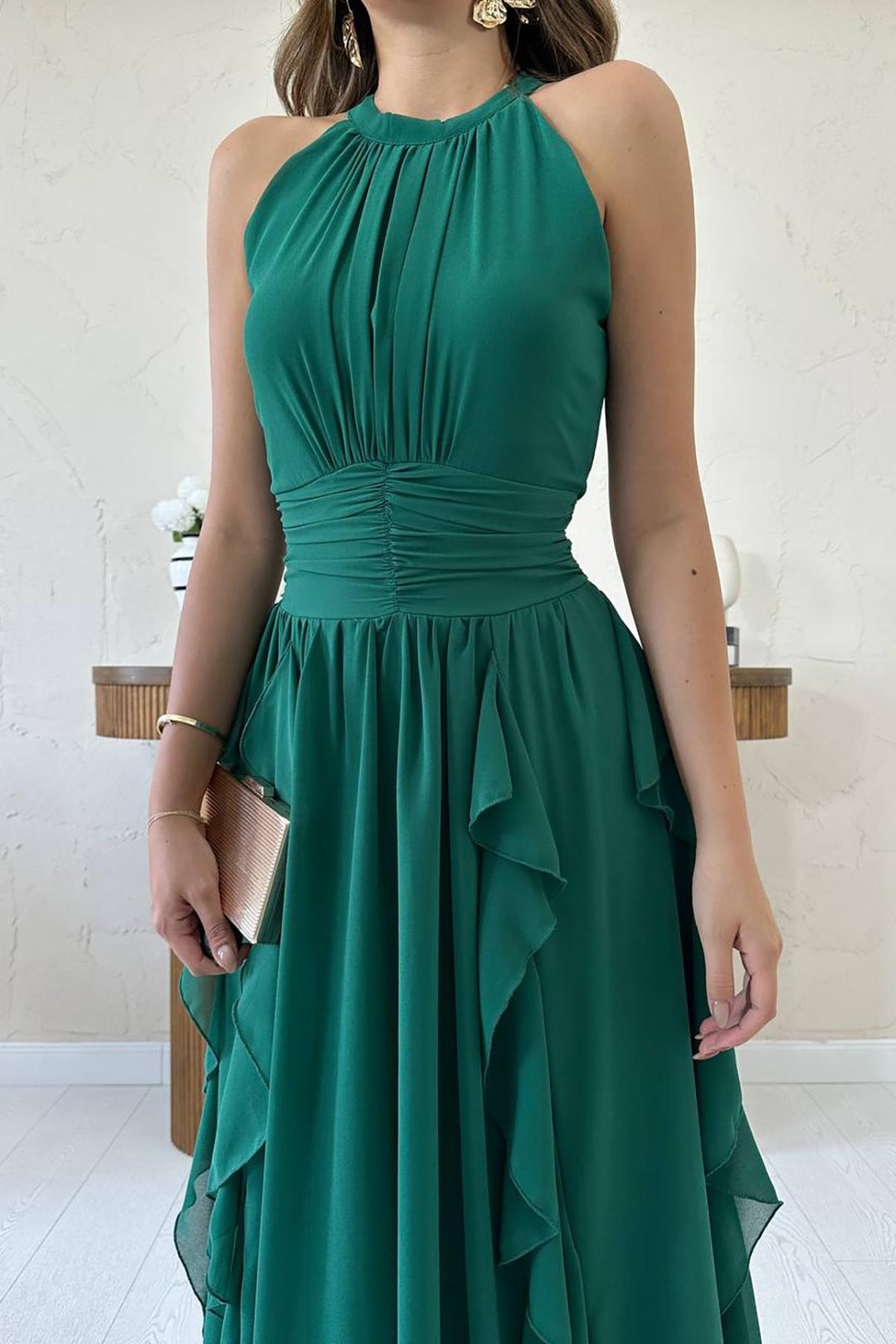 ELS Wholesale Emerald Front Ruched Ruffled Dress - Herten