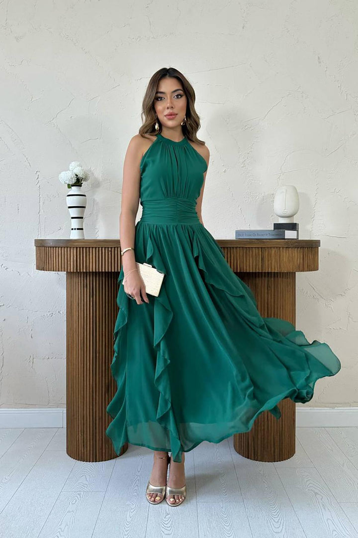 ELS Wholesale Emerald Front Ruched Ruffled Dress - Herten