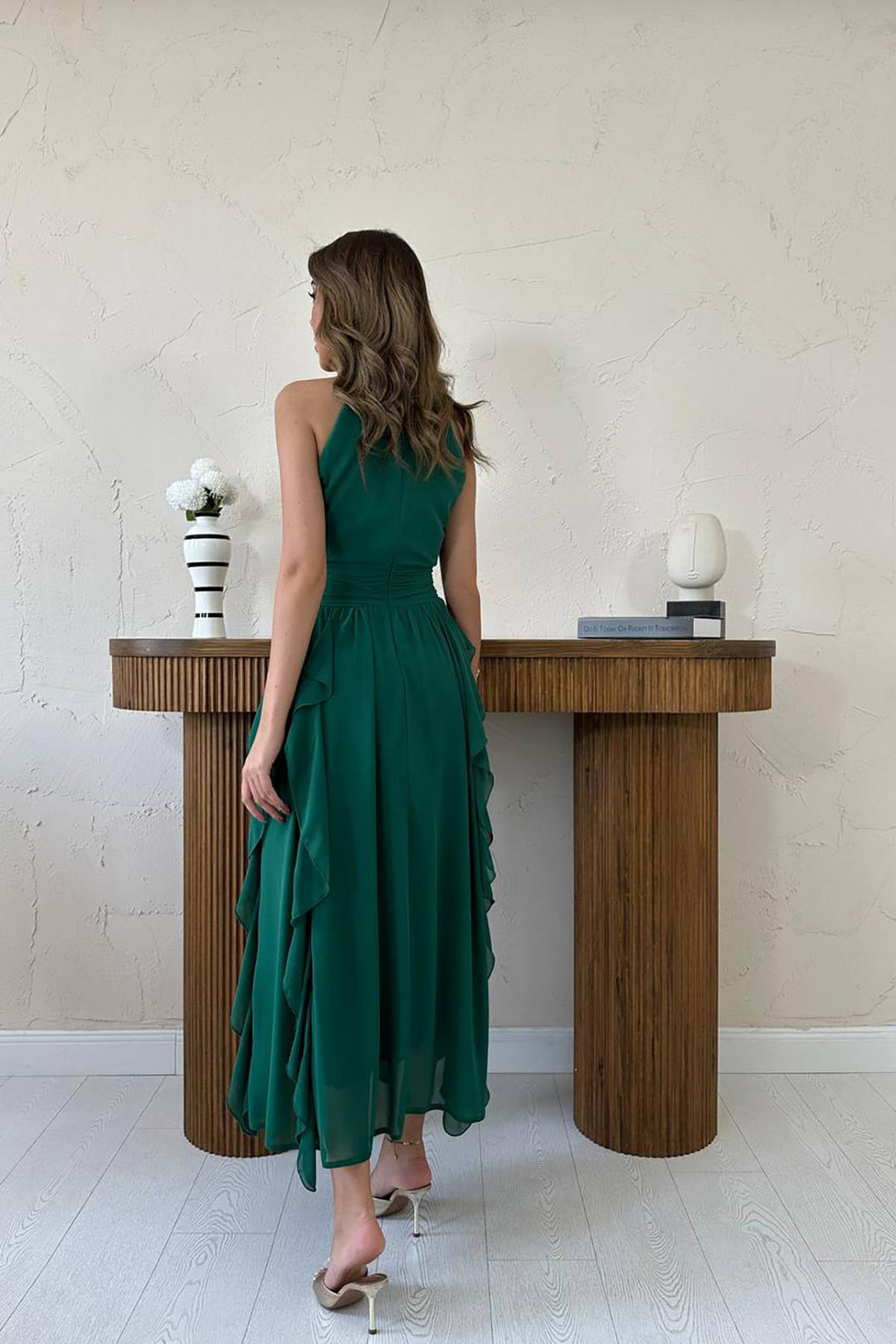 ELS Wholesale Emerald Front Ruched Ruffled Dress - Herten