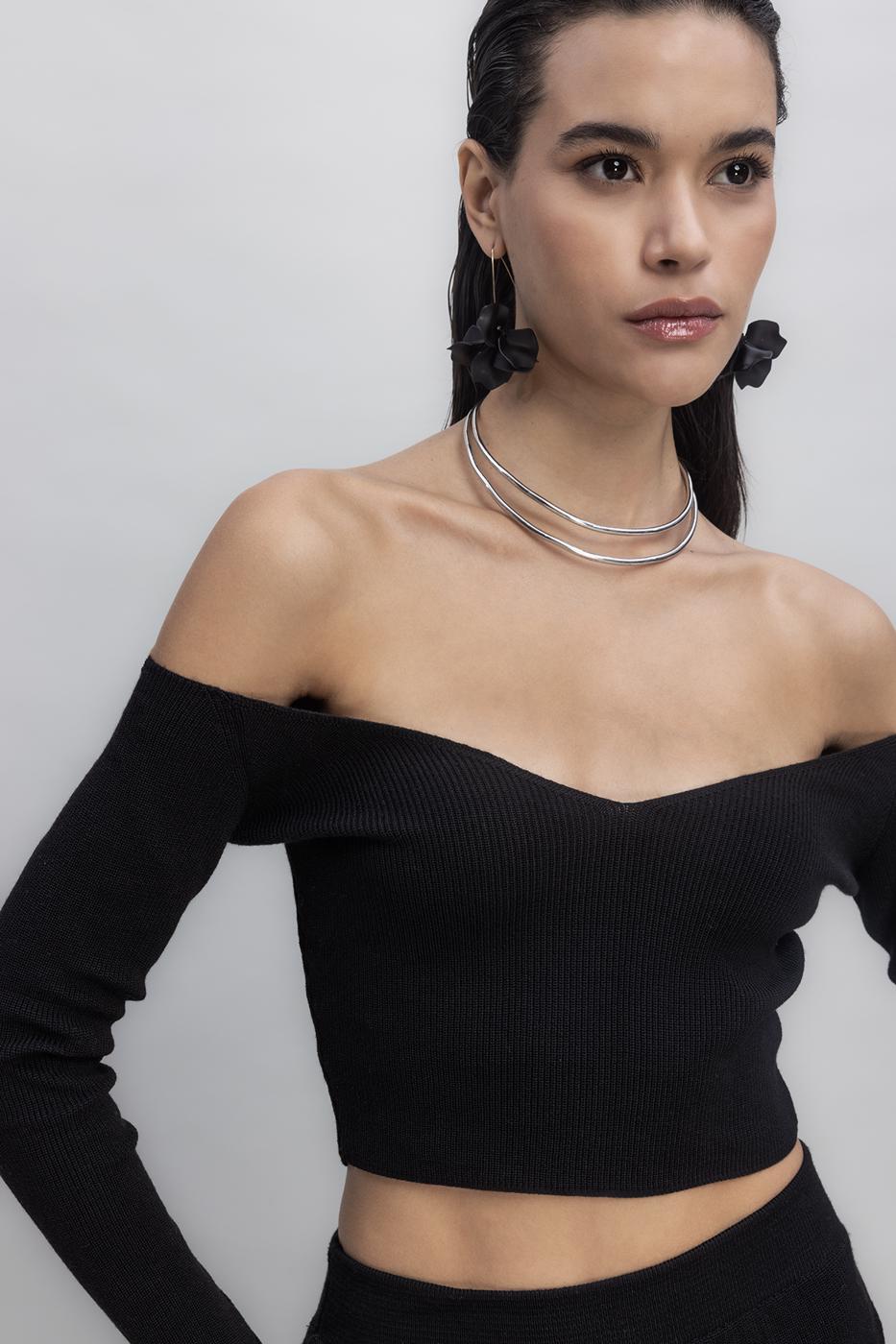 BSL Women Knit Carmen Neck Crop Top - Barreiro