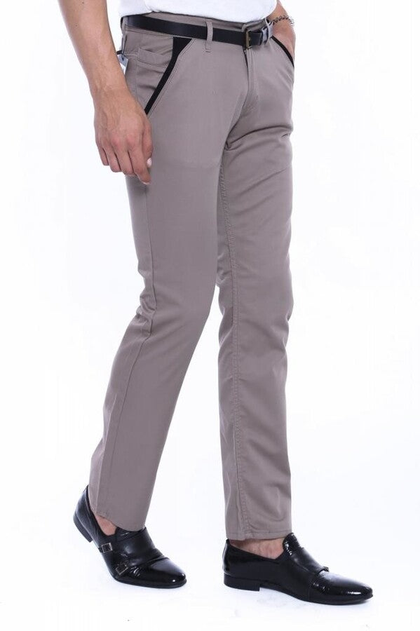 WSS Trimmed Pockets Plain Slim Fit Beige Men Pants  - Singen