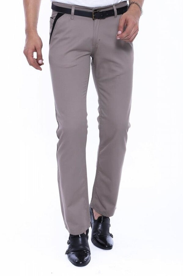 WSS Trimmed Pockets Plain Slim Fit Beige Men Pants  - Singen