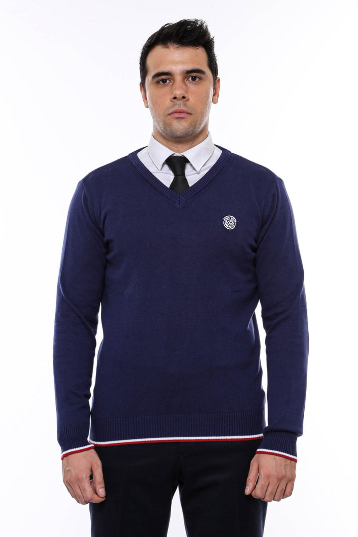 WSS Navy Blue V Neck Slim Fit Men Sweater  - Waregem