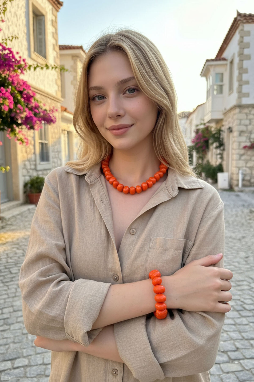 Turuncu Büyük Taşlı Modern Tarz Etnik Bileklik Kolye Set - Sammamish