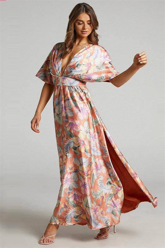 MDX Orange Patterned Slit Detail Long Dress MG1698 - Stourbridge