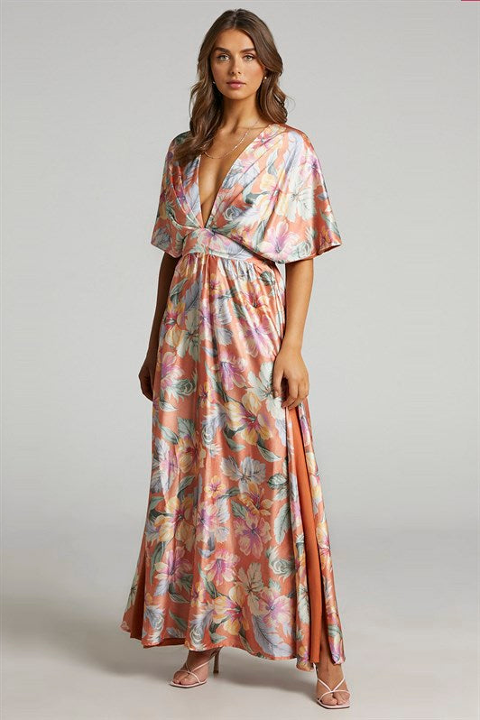 MDX Orange Patterned Slit Detail Long Dress MG1698 - Stourbridge