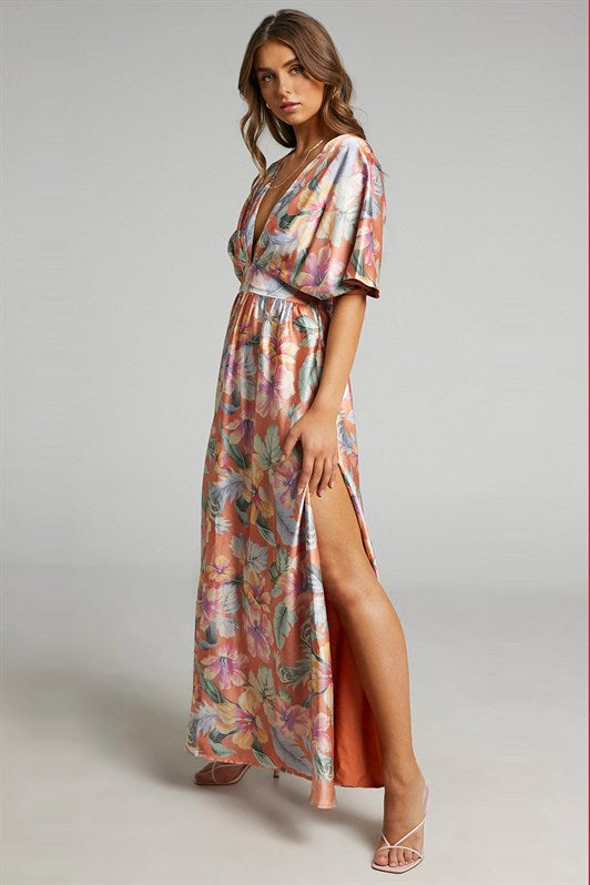 MDX Orange Patterned Slit Detail Long Dress MG1698 - Stourbridge