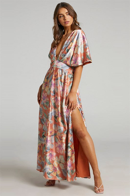 MDX Orange Patterned Slit Detail Long Dress MG1698 - Stourbridge