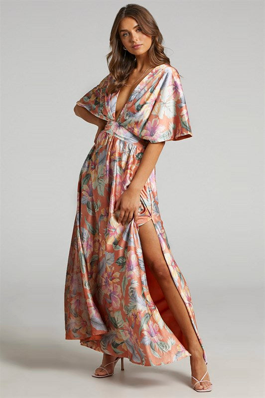 MDX Orange Patterned Slit Detail Long Dress MG1698 - Stourbridge