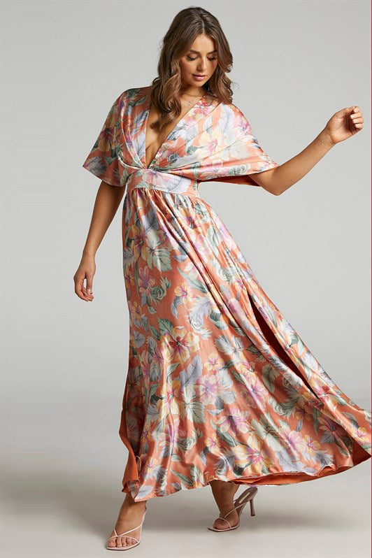 MDX Orange Patterned Slit Detail Long Dress MG1698 - Stourbridge
