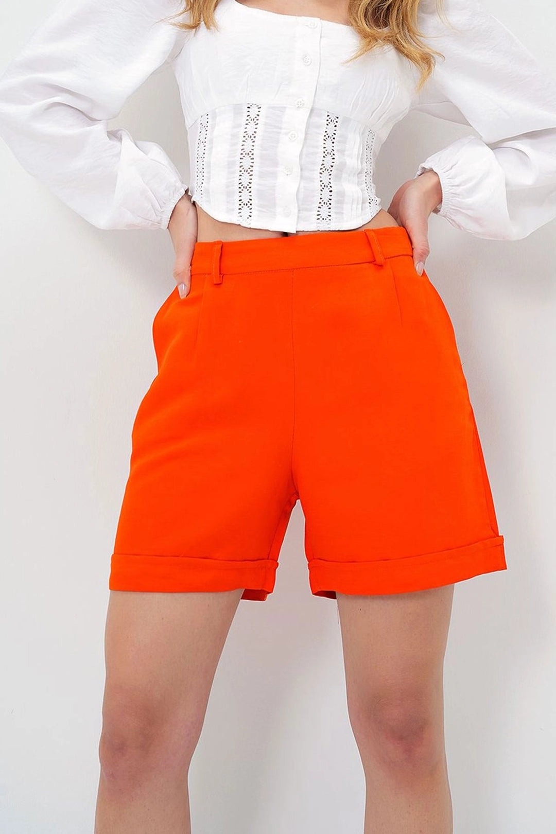 Orange Double Pleated Summer Linen Woven Shorts with Hidden Zipper BCIR-251002 - Marsala