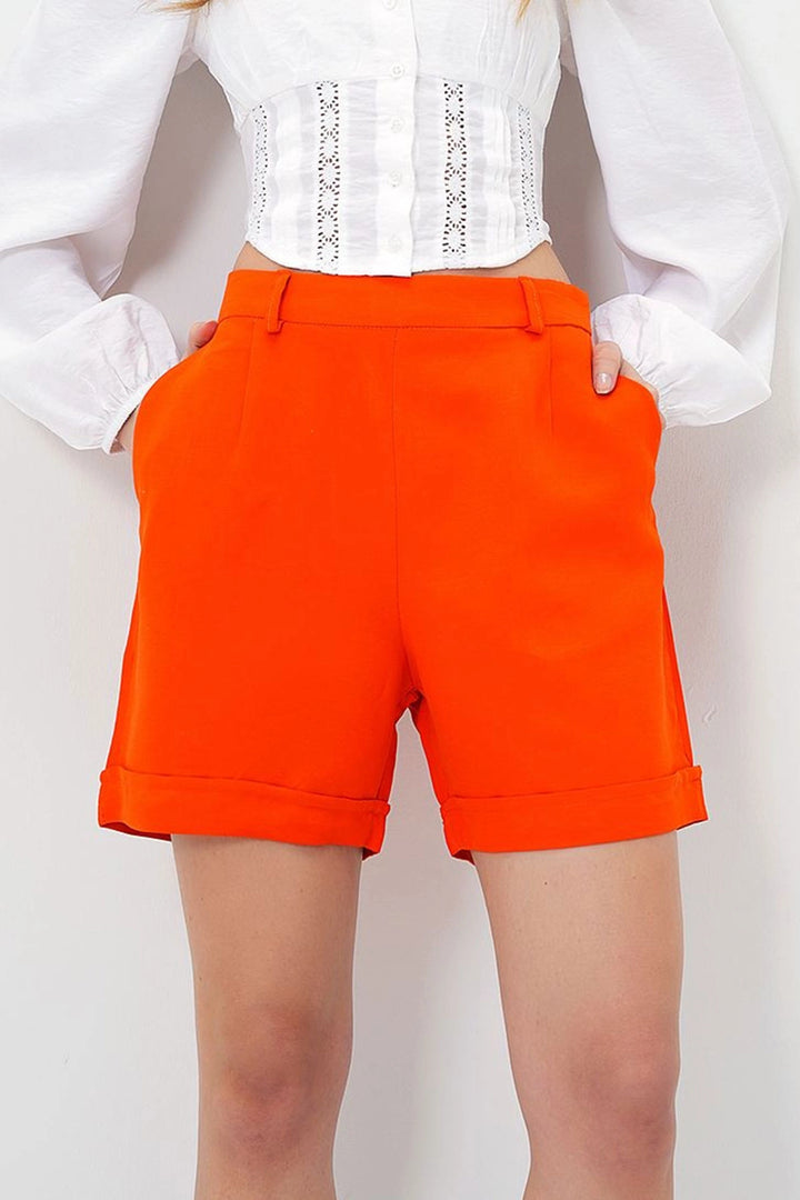 Orange Double Pleated Summer Linen Woven Shorts with Hidden Zipper BCIR-251002 - Marsala
