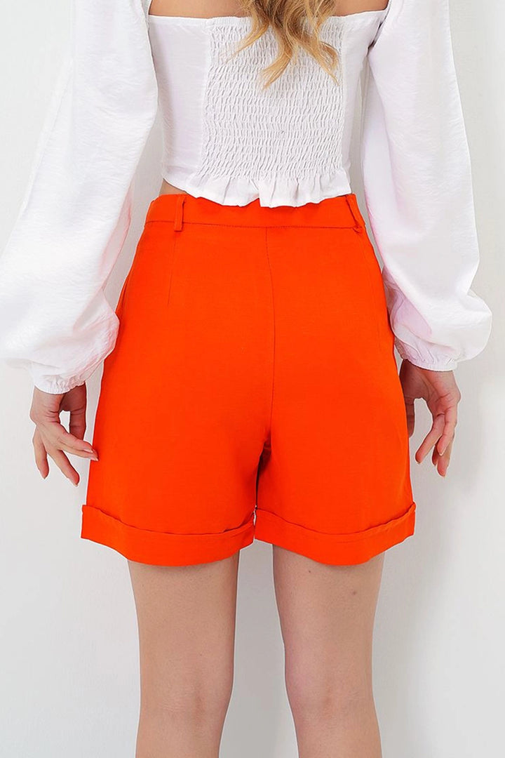 Orange Double Pleated Summer Linen Woven Shorts with Hidden Zipper BCIR-251002 - Marsala