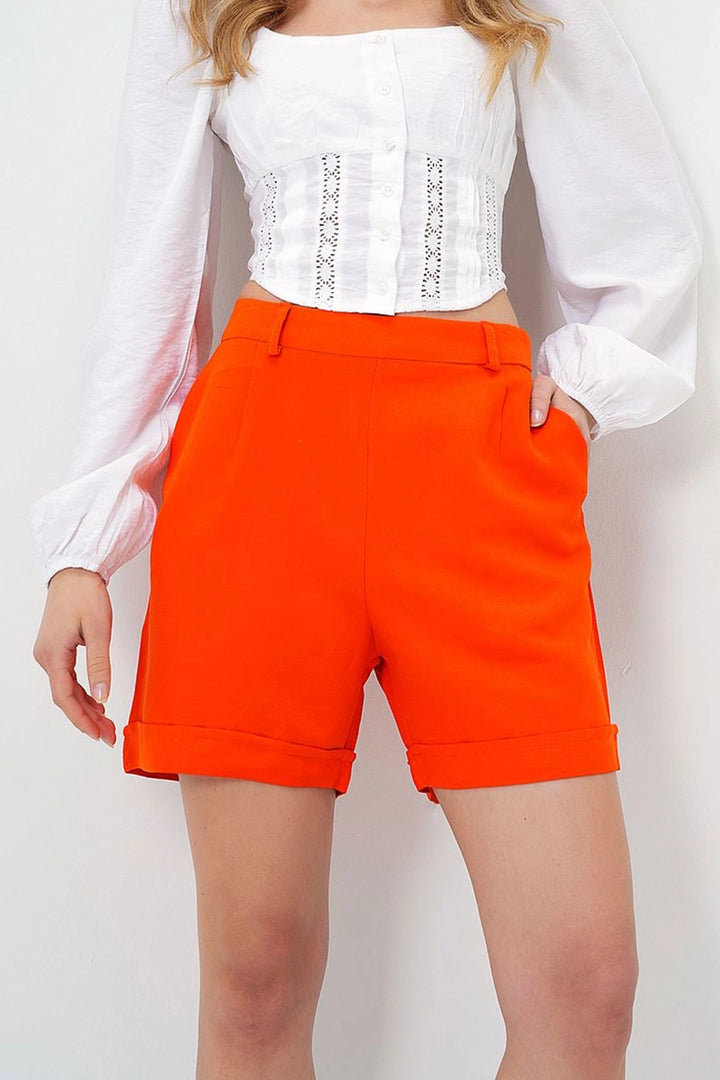 Orange Double Pleated Summer Linen Woven Shorts with Hidden Zipper BCIR-251002 - Marsala