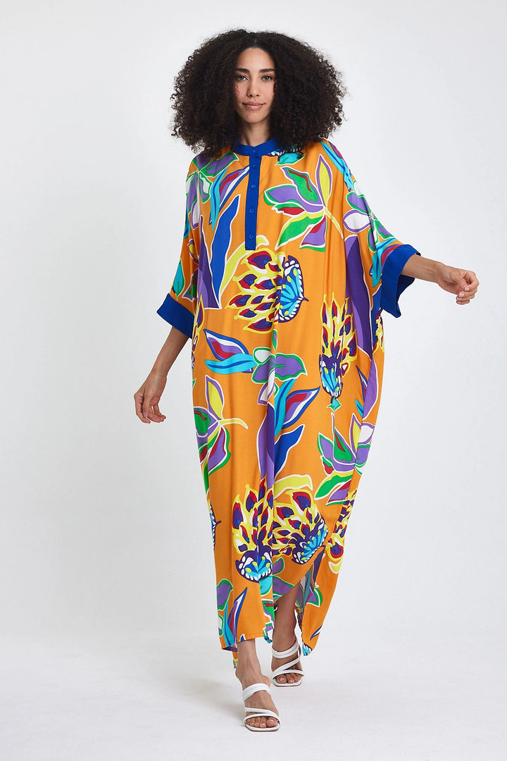Maxi Boy Orange Mandarin Collar Flower Patterned Long Woven Dress BCVL-24969 - Saguenay