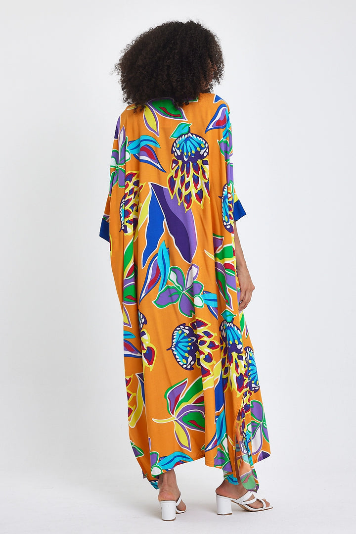 Maxi Boy Orange Mandarin Collar Flower Patterned Long Woven Dress BCVL-24969 - Saguenay