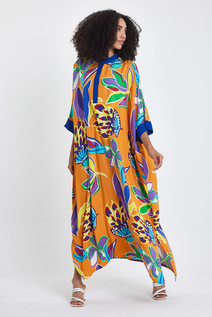 Maxi Boy Orange Mandarin Collar Flower Patterned Long Woven Dress BCVL-24969 - Saguenay