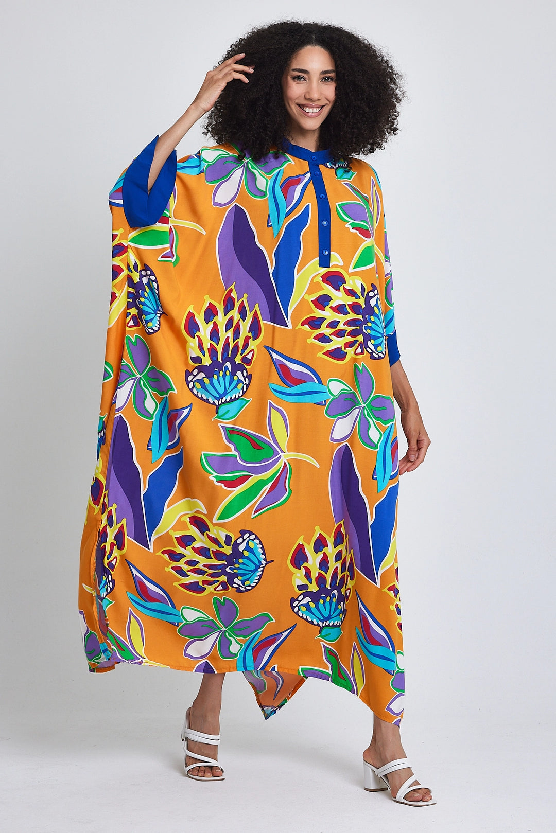 Maxi Boy Orange Mandarin Collar Flower Patterned Long Woven Dress BCVL-24969 - Saguenay