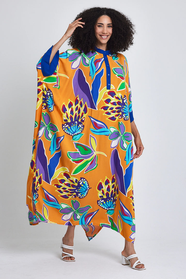 Maxi Boy Orange Mandarin Collar Flower Patterned Long Woven Dress BCVL-24969 - Saguenay