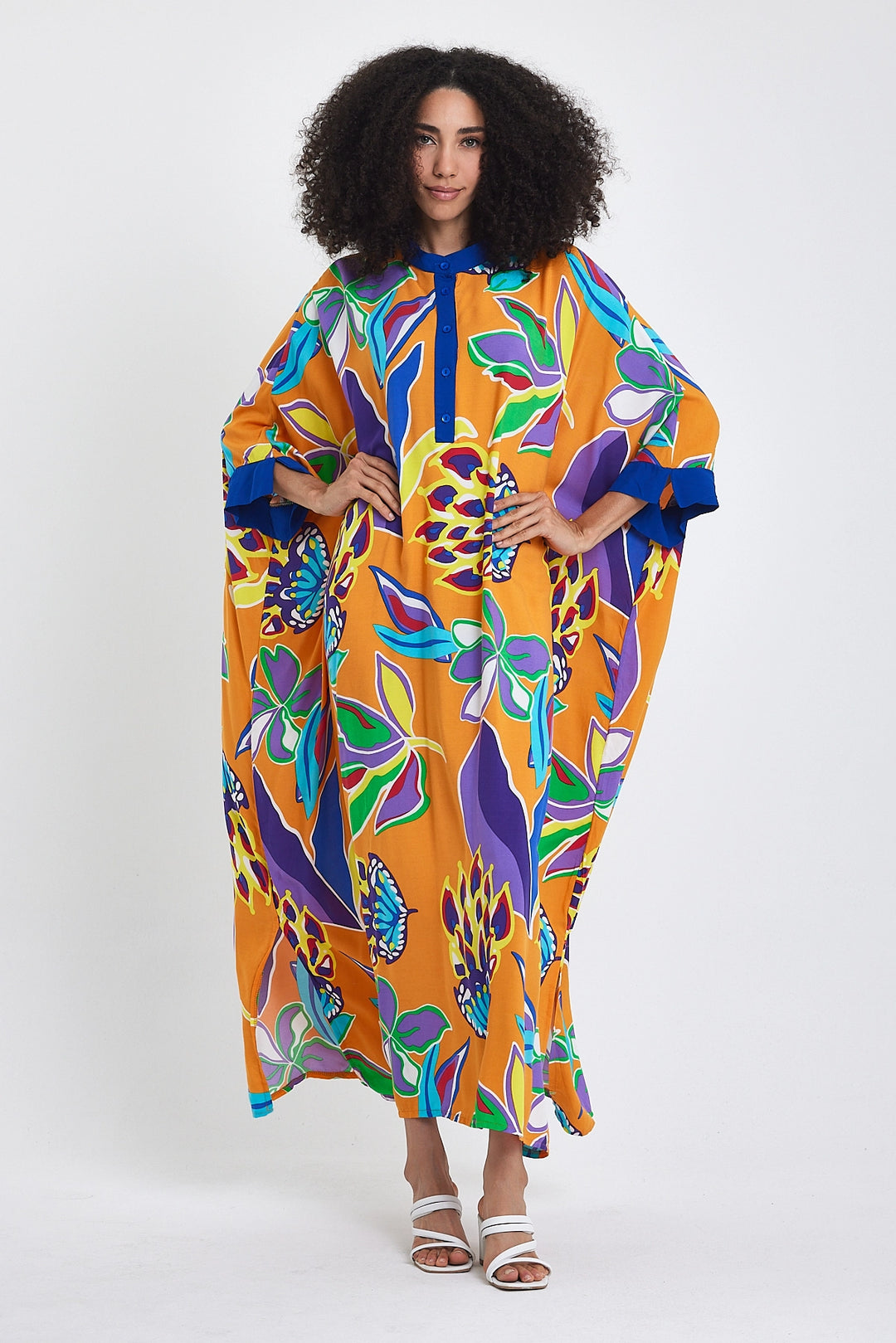 Maxi Boy Orange Mandarin Collar Flower Patterned Long Woven Dress BCVL-24969 - Saguenay