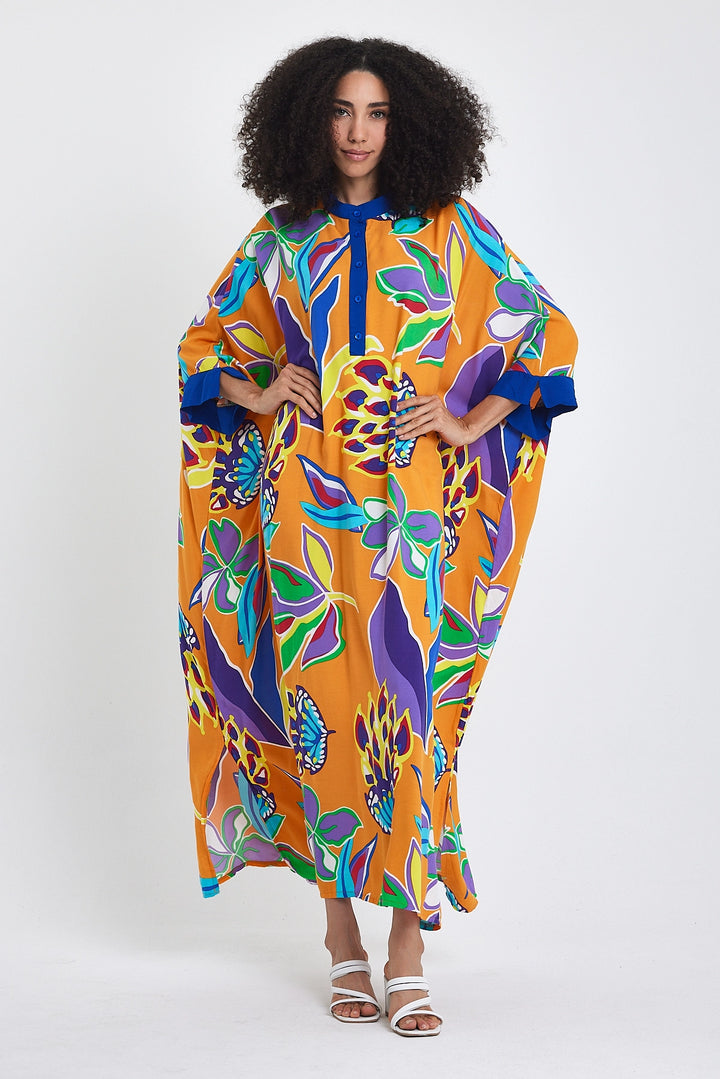 Maxi Boy Orange Mandarin Collar Flower Patterned Long Woven Dress BCVL-24969 - Saguenay
