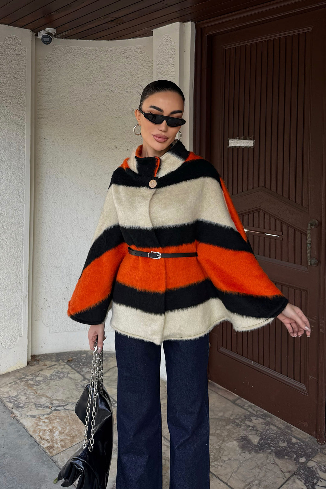 Orange Belt Detailed Cape Coat BCHNV-251224 - Skokie
