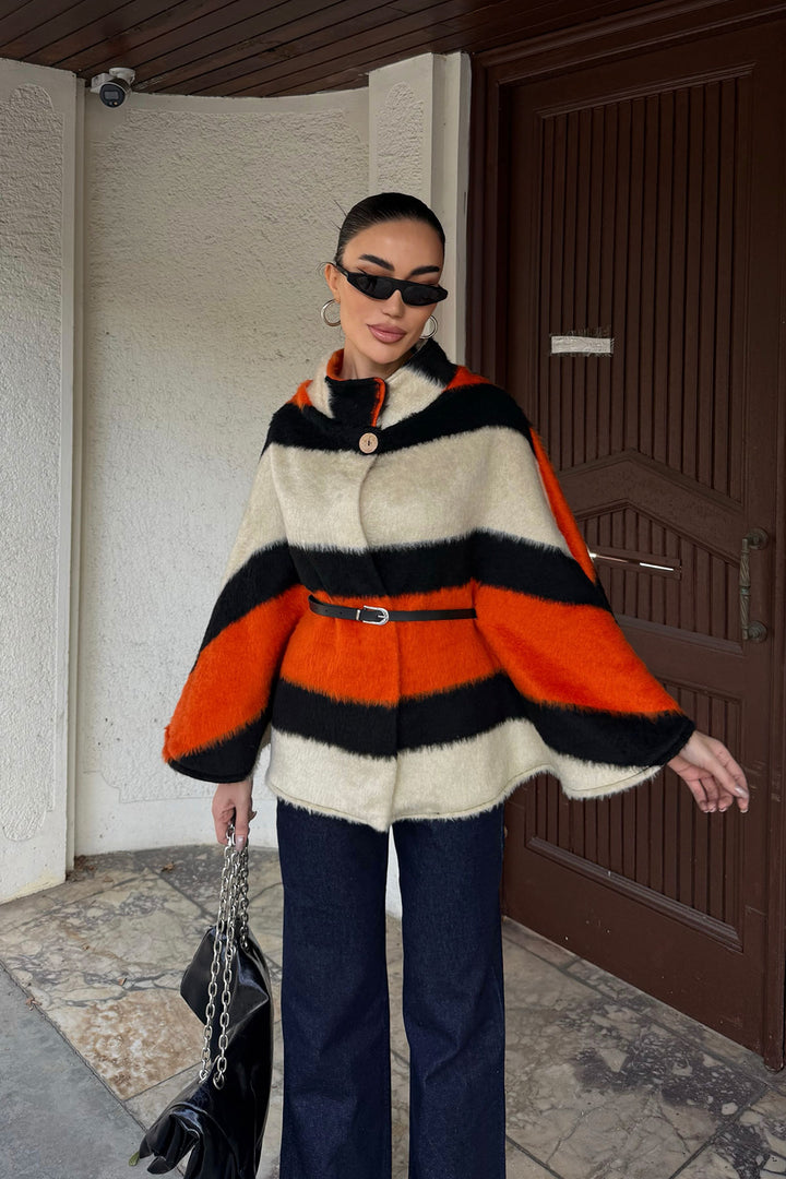 Orange Belt Detailed Cape Coat BCHNV-251224 - Skokie