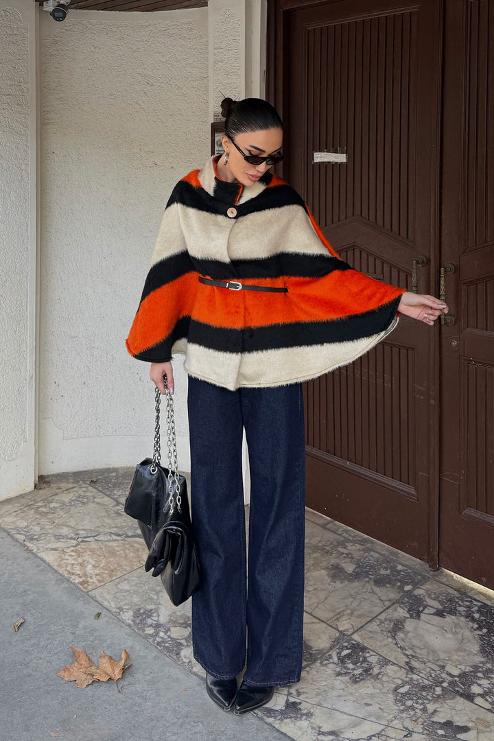 Orange Belt Detailed Cape Coat BCHNV-251224 - Skokie