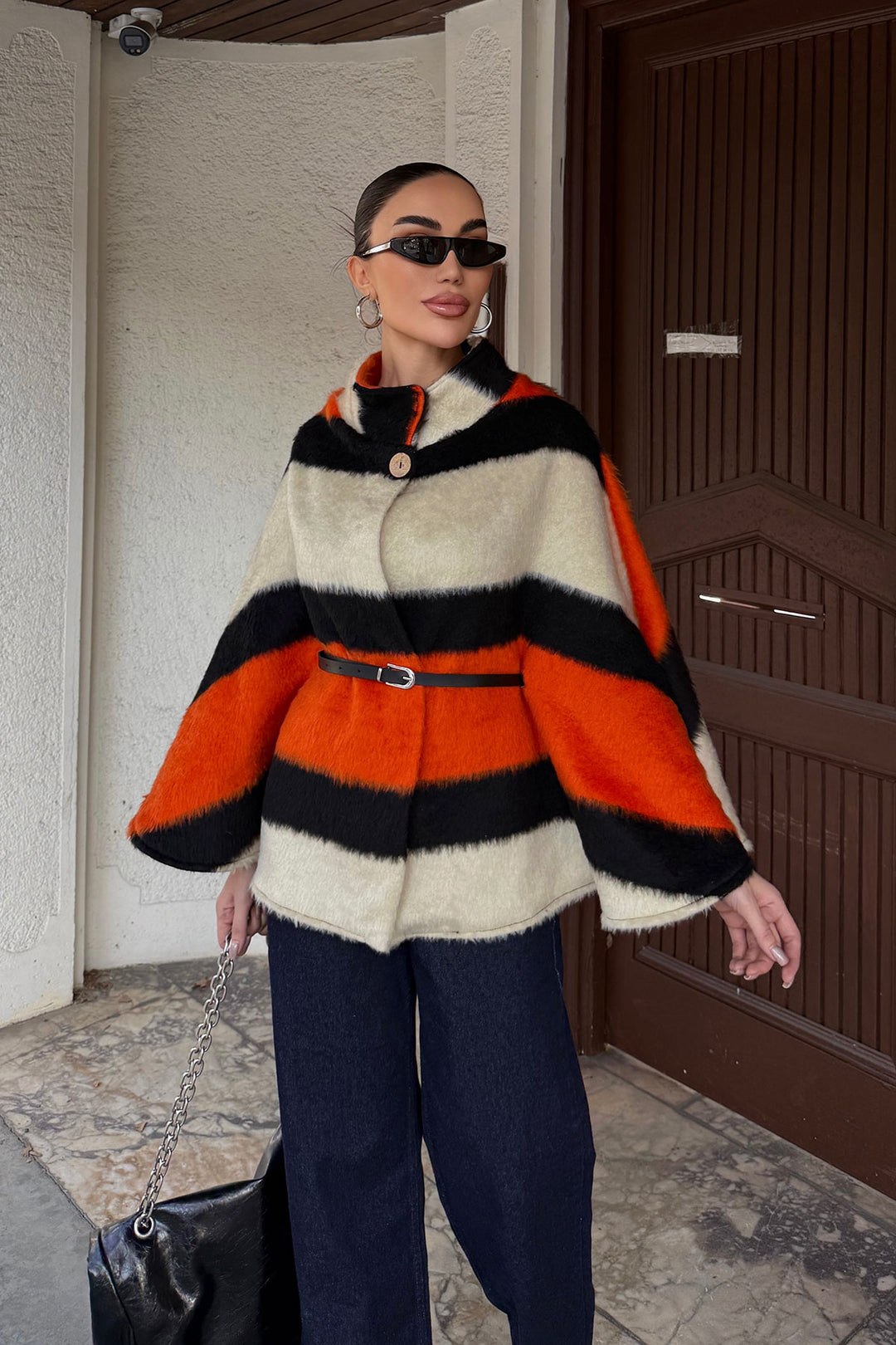 Orange Belt Detailed Cape Coat BCHNV-251224 - Skokie