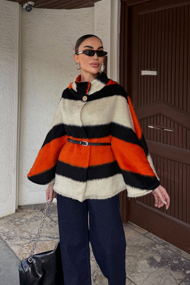 Orange Belt Detailed Cape Coat BCHNV-251224 - Skokie