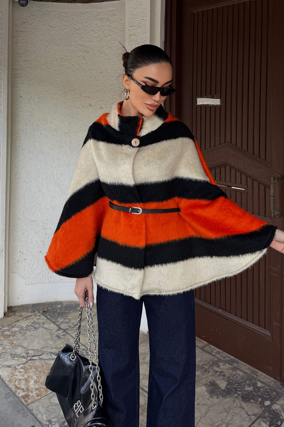 Orange Belt Detailed Cape Coat BCHNV-251224 - Skokie