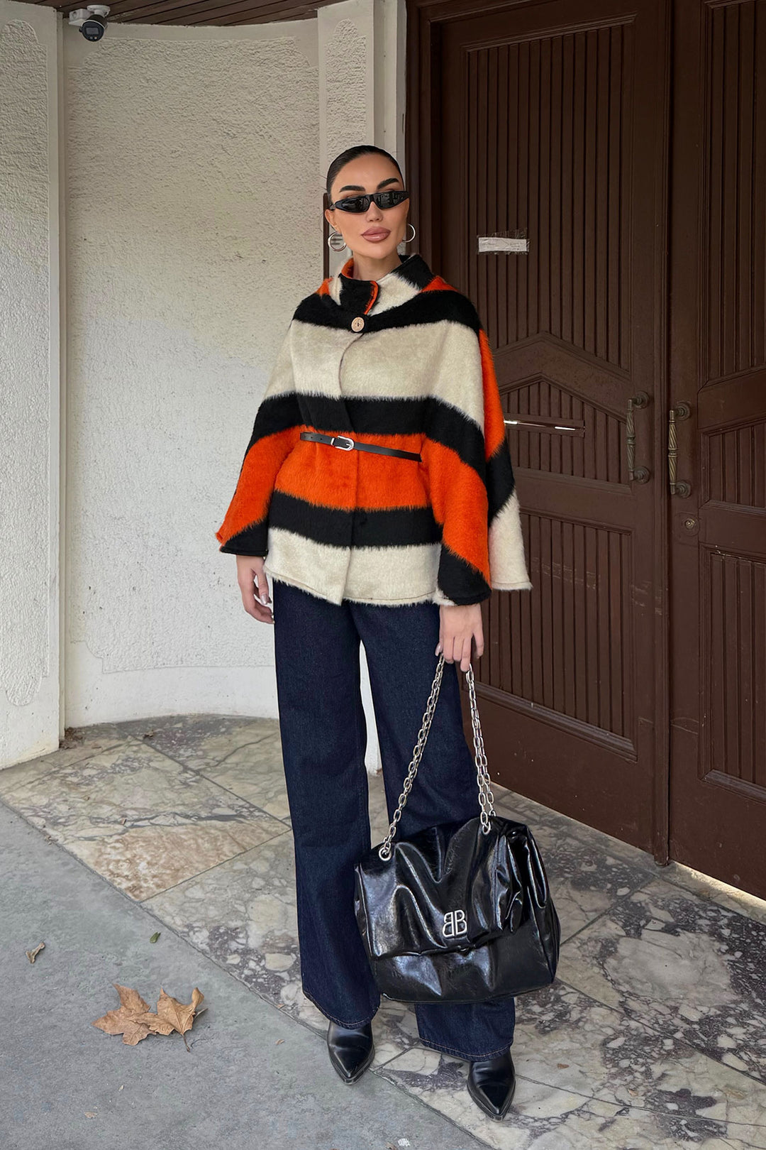 Orange Belt Detailed Cape Coat BCHNV-251224 - Skokie