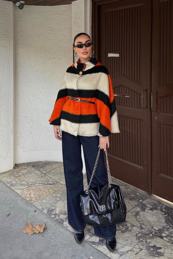 Orange Belt Detailed Cape Coat BCHNV-251224 - Skokie