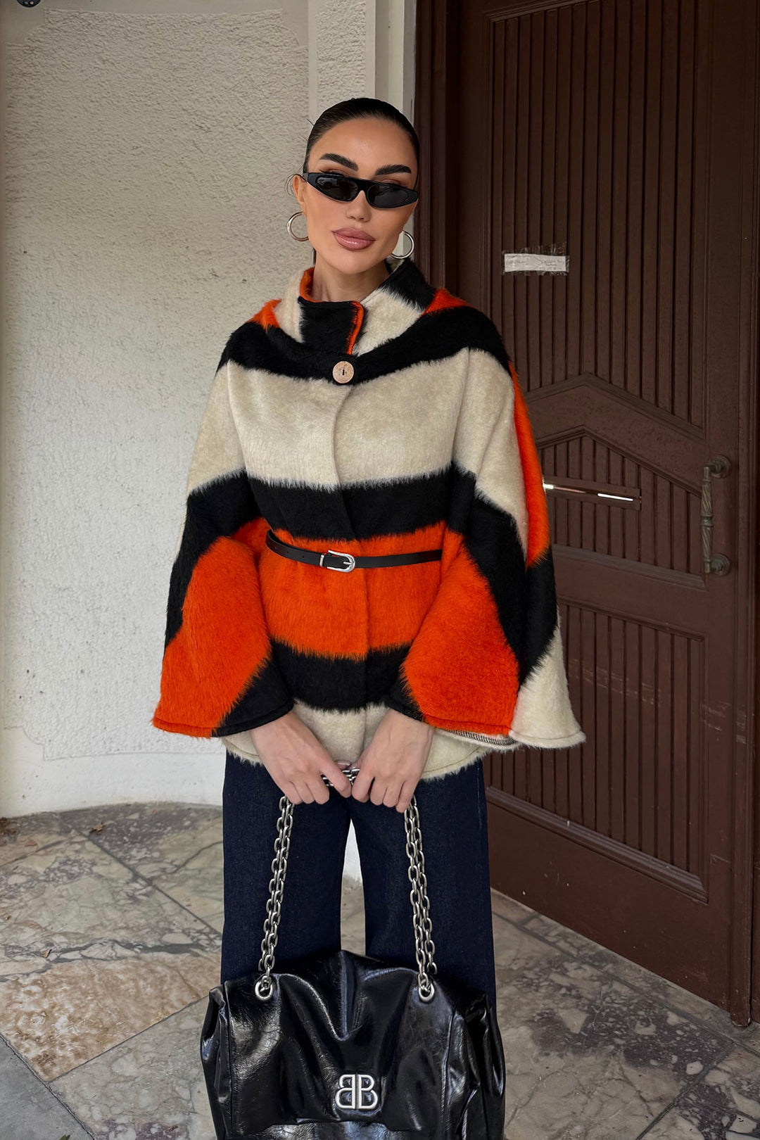 Orange Belt Detailed Cape Coat BCHNV-251224 - Skokie