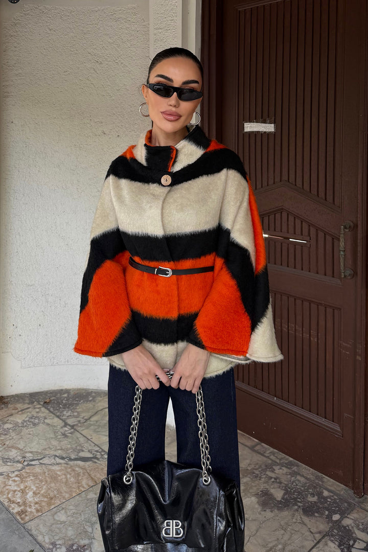 Orange Belt Detailed Cape Coat BCHNV-251224 - Skokie