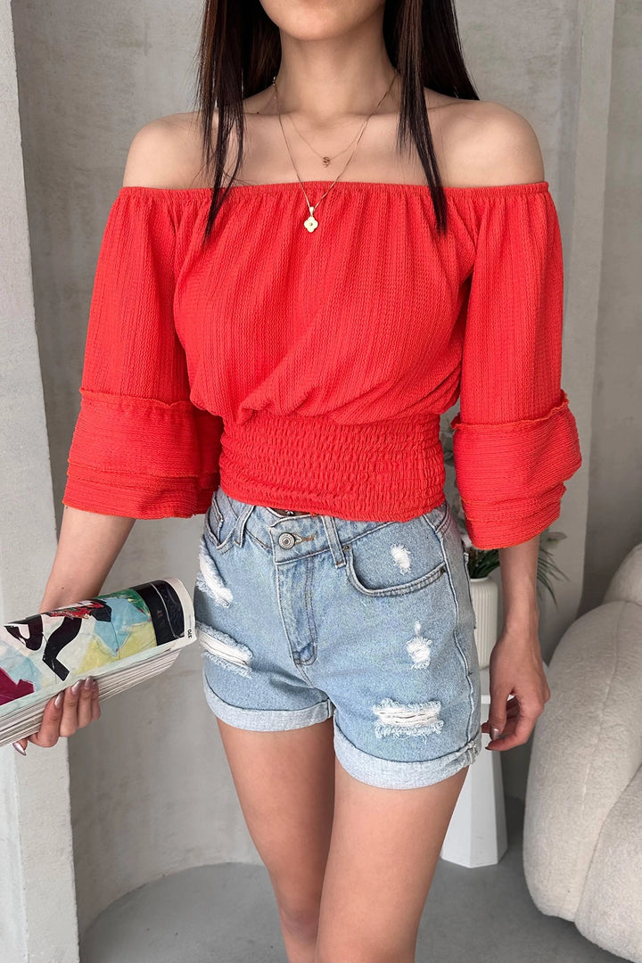 Orange Madonna Collar Ruffled Blouse BCDF-252197 - Dráma